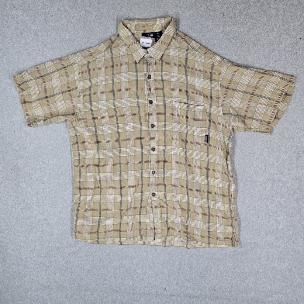 VINTAGE Patagonia Men Button Up Shirt XL Tan Plaid Organic Cotton READ